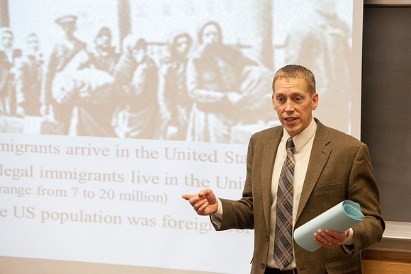 Brother Michael Madsen teaches his early morning Geography For Elementary Teachers class in the Ricks Building.