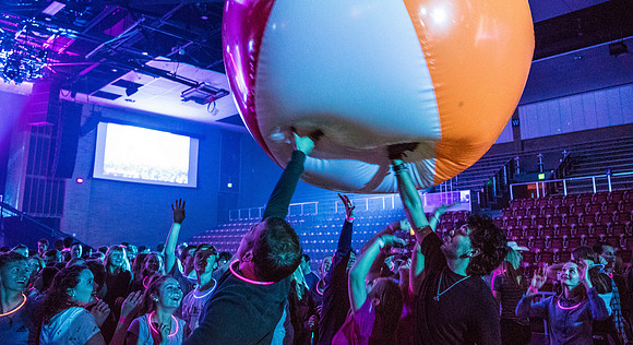First Friday is a campus event to kick off the new semester with activities, inflatables, food, and dancing. Fall Semester.