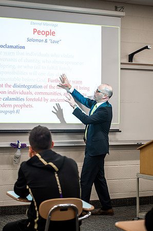 BYUI classes in the religion department meeting during Covid-19 with masks and social distanced seating.