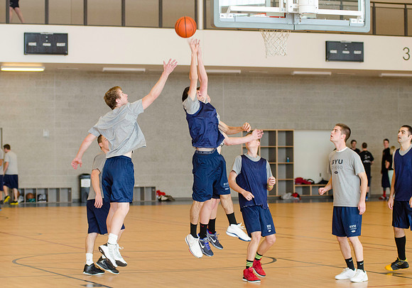 BYU-Idaho students playing basketball at the I-Center on campus