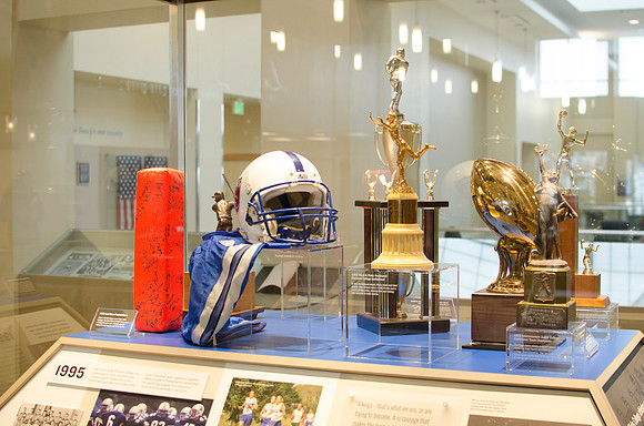 Put in before the end of Fall 2013 Semester, trophy cases are displayed in Legacy Hall to show the Spirit of Ricks.
