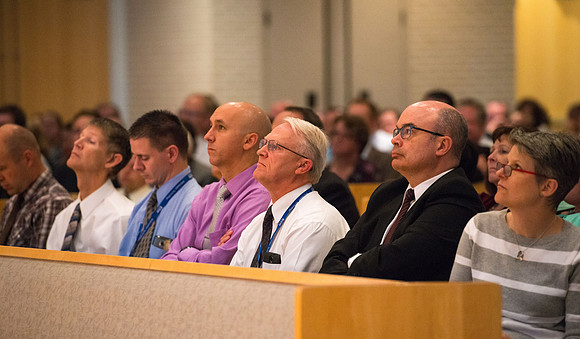 Elder Gerrit W. Gong of the First Quorum of the Seventy addresses employees in an all employee meeting. Sept 2016.