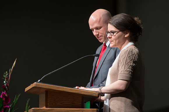 College of Language and Letters Convocation in the Manwaring Center Ballroom. Alumni Representatives, Darik and Kristine Anderson