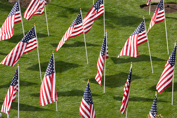 Flags on display in the Central Quad celebrate Constitution Day. "Remembering the brave men and women who gave so much for our Independance and the freedoms we now enjoy."