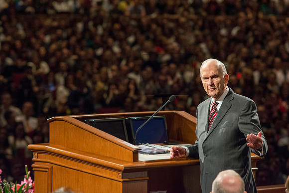 Elder Russell M. Nelson, of the Quorum of the Twelve Apostles, introduces the newest President of Brigham Young University-Idaho. Photo by Ryan Chase