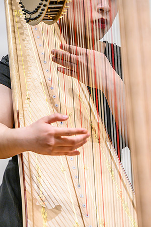 The harp ensemble performs in the recital hall in the Snow building.