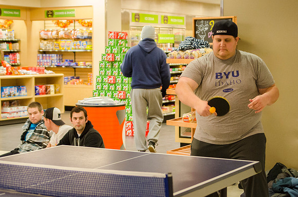BYU-Idaho students participate in a ping pong tournament held in the Manwaring Center
