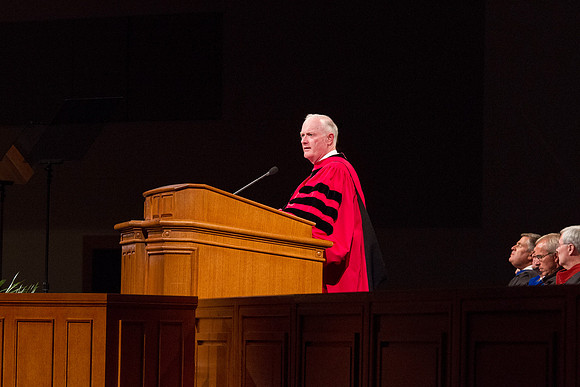 President Kim B. Clark address graduates during commencement in the I-Center during the 2014 Spring Semester Graduation.