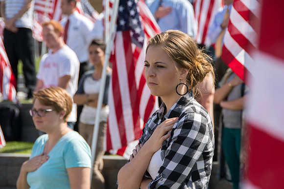Flags on display in the Central Quad celebrate Constitution Day. "Remembering the brave men and women who gave so much for our Independance and the freedoms we now enjoy."