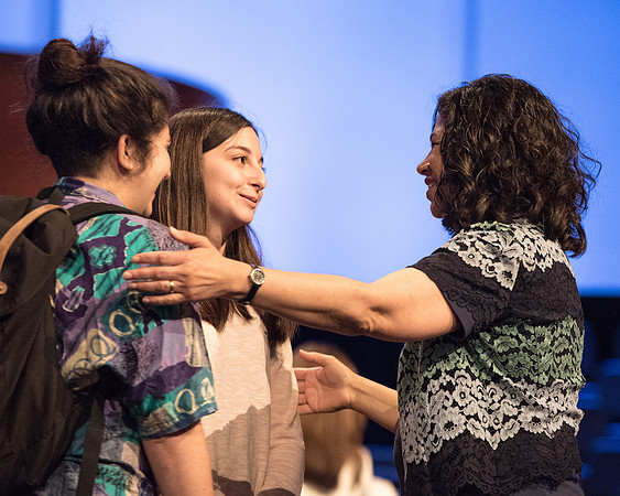 Sister Reyna Aburto interacts with students after her devotional address.
