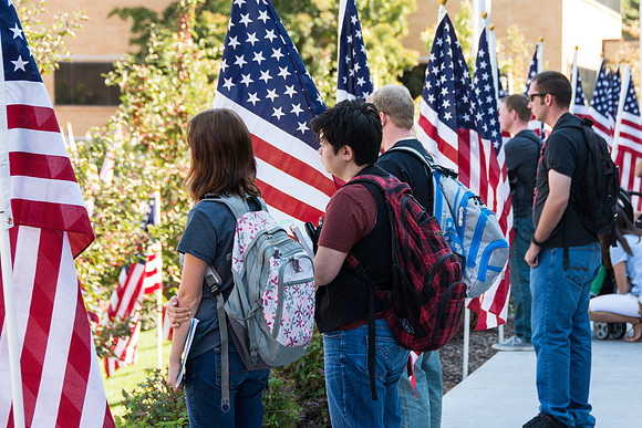 Flags on display in the Central Quad celebrate Constitution Day. "Remembering the brave men and women who gave so much for our Independance and the freedoms we now enjoy."