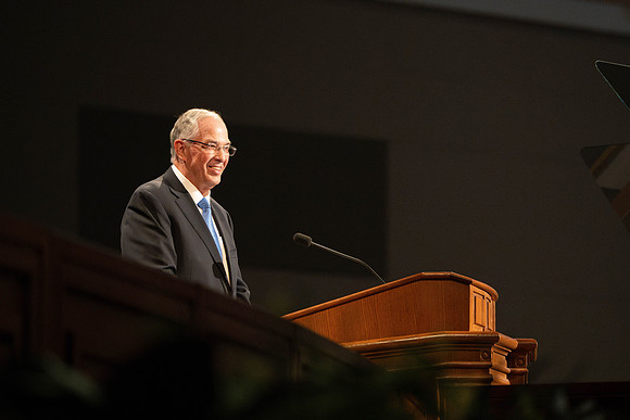 Elder Neil L. Anderson addresses the students at BYUI in the I-Center during devotional.