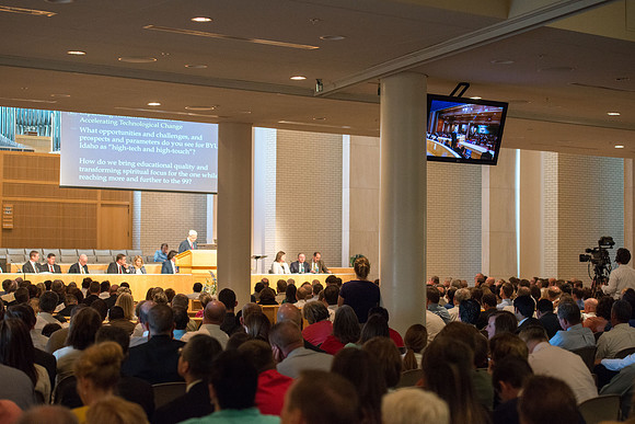 Elder Gerrit W. Gong of the First Quorum of the Seventy addresses employees in an all employee meeting. Sept 2016.