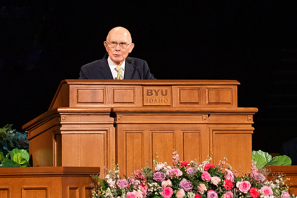 Students gather at the I-center to watch Elder Dallin H. Oaks and Sister Kristen Oaks speak at devotional in the Fall 2021 semester.