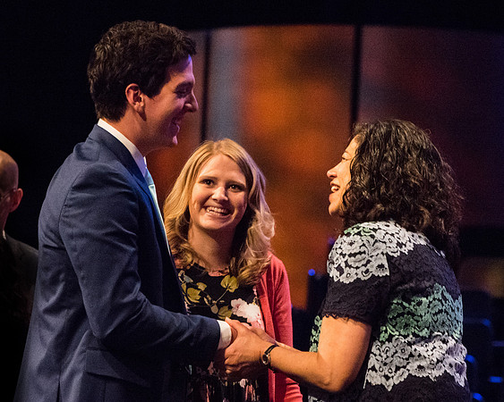 Sister Reyna Aburto interacts with students after her devotional address.