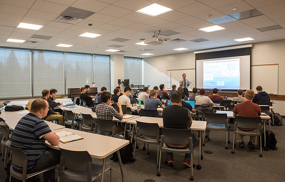 Jody Swenson teaches a class in the new Science and Techonolgy Center.