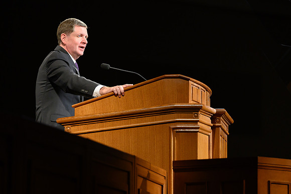 Elder James R Rasband of the Quorum of the Seventy speaks at devotional in the BYU-Idaho Center.