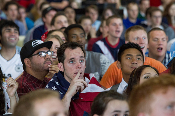 Students gather in the MC Crossroads to watch USA play Germany in Brazil during the 2014 Fifa World Cup.