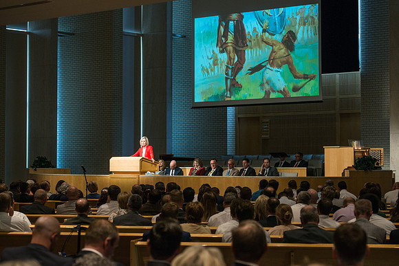 Sister Bonnie Cordon in the General Young Women's Presidency addresses Employees gathered in the Taylor Chapel.