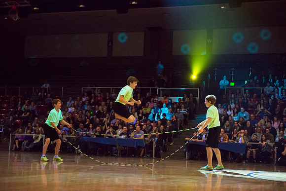Brigham Young University-Idaho students, faculty and guests participate in the annual slam dunk competition held in the Hart Gym. Events included are the three-point shoot-out, a Spirit team performan