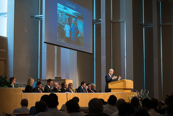 Elder Gerrit W. Gong of the First Quorum of the Seventy addresses employees in an all employee meeting. Sept 2016.