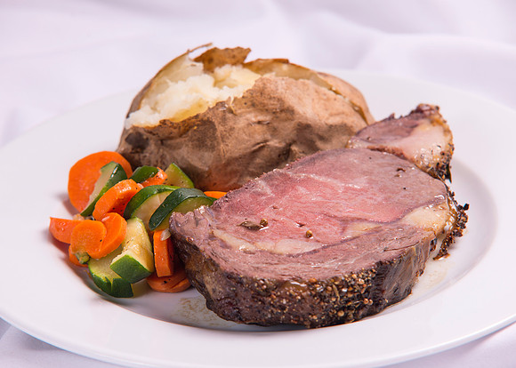 Food Service Catering Menu item. Prime Rib, Baked Potato and vegetables