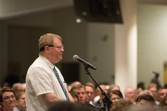 Sister Bonnie Cordon in the General Young Women's Presidency addresses Employees gathered in the Taylor Chapel.