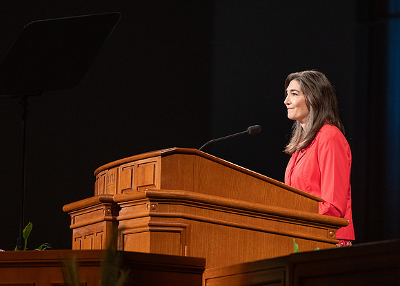 Sister Andrea Muñoz Spannaus and her husband Alin Spannaus speak to students at BYU-Idaho.