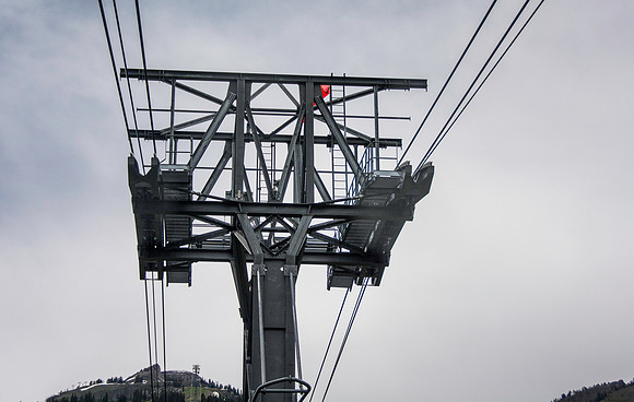 Jackson Hole Ski area. Scouting out Rock Spring Buttress for video shoot. Aerial Tram ride to the top.