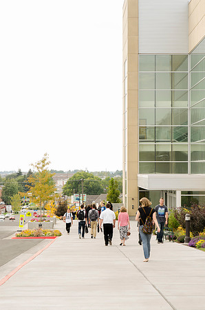 Students walking out on campus after devotional