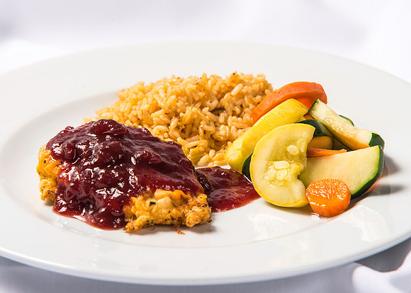 BYU-Idaho Food Service Catering menu item. Cranberry Chicken with rice and vegetables.