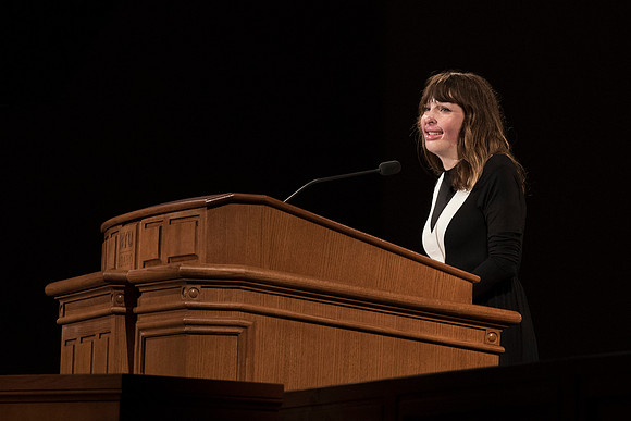 Blogger Auther Stephanie Nielson speaks at devotional