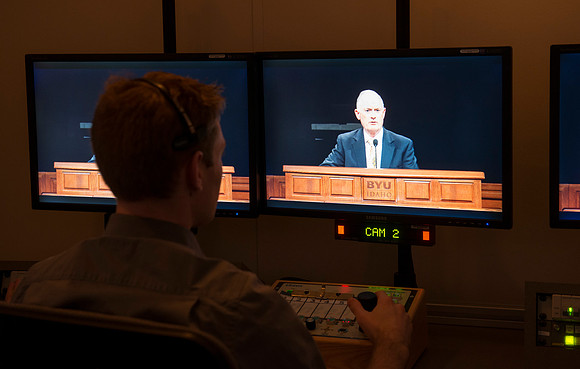 Behind the scenes of devotional: In the AV Camera Control room students run five mounted cameras in the BYU-I Center auditorium.