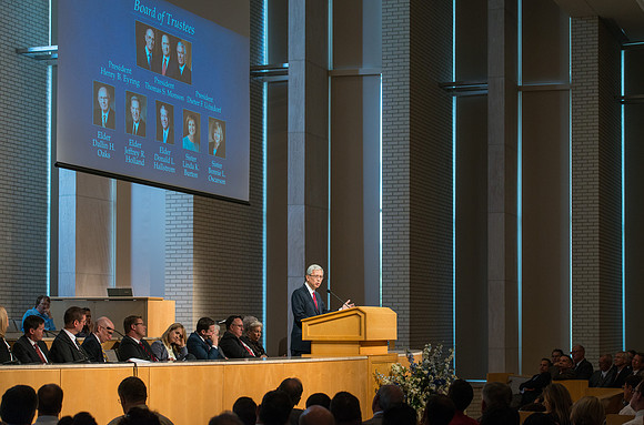 Elder Gerrit W. Gong of the First Quorum of the Seventy addresses employees in an all employee meeting. Sept 2016.