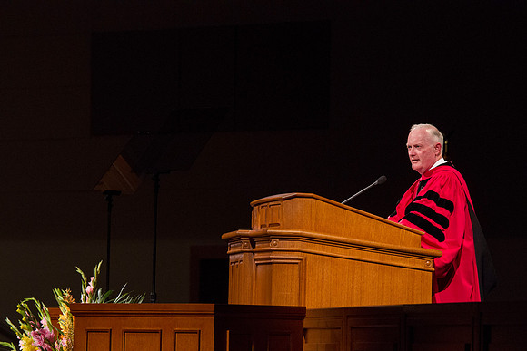President Kim B. Clark address graduates during commencement in the I-Center during the 2014 Spring Semester Graduation.