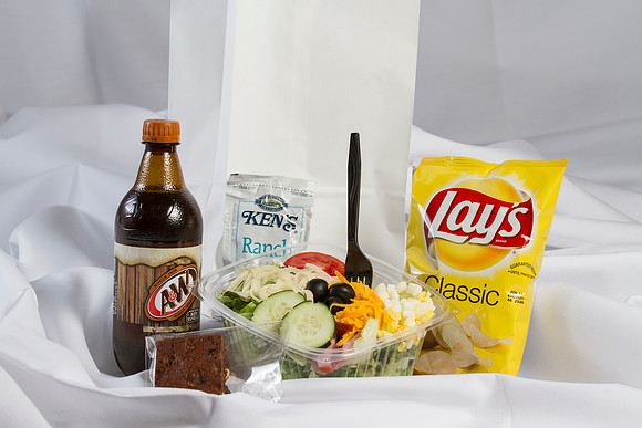 Served with a 20 ounce Beverage and appropriate salad dressing with potato chips and dessert.