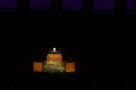 Elder W. Craig Zwick, First Quorum of the Seventy, talks to graduates, faculty, and family during Commencement in the I-Center.