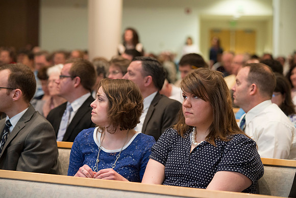 Employees gather in the Taylor Chapel for an All Employee Meeting where President Clark talked about the growth and future of Pathway and Online Learning.