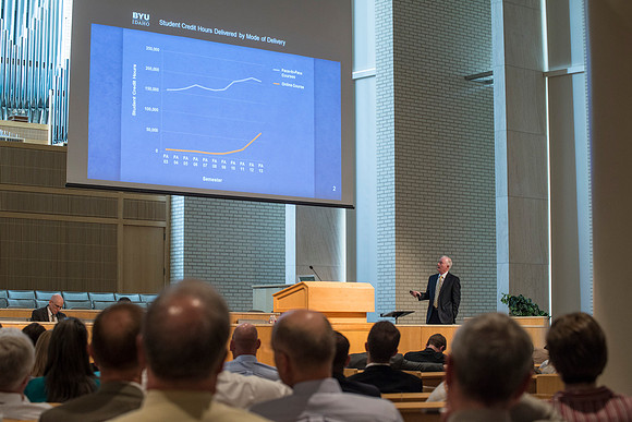 Employees gather in the Taylor Chapel for an All Employee Meeting where President Clark talked about the growth and future of Pathway and Online Learning.