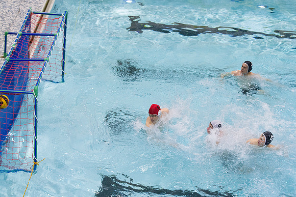 BYU-I students participate in the Competitive Men's Waterpolo league in the Hart Swimming Pool.