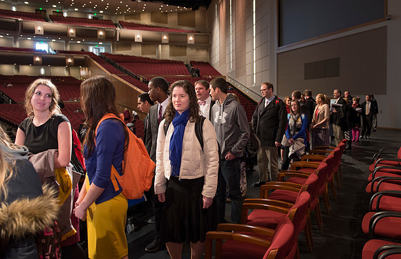 David L. Beck greets students after devotional in the BYU-Idaho Center.