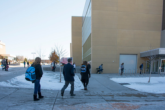 Student's walk to and from Devotional after the first snow fall of the semester.