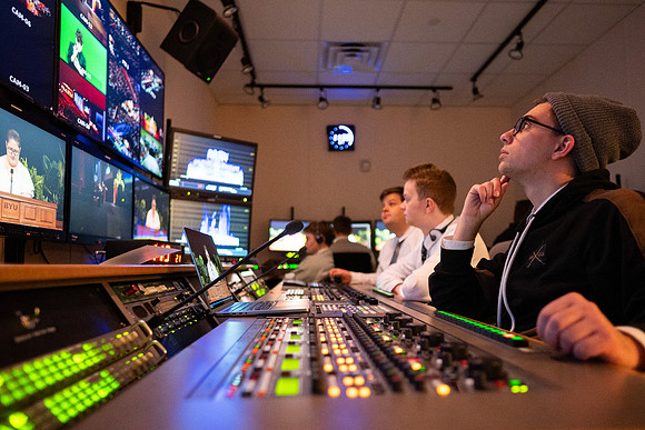 Behind the scenes for BYUI Devotional in the I Center