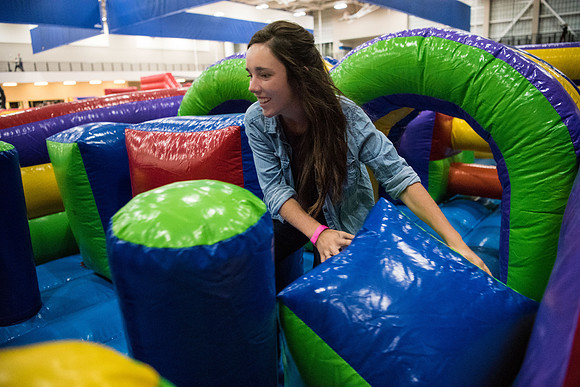 First Friday is a campus event to kick off the new semester with activities, inflatables, food, and dancing. Fall Semester.