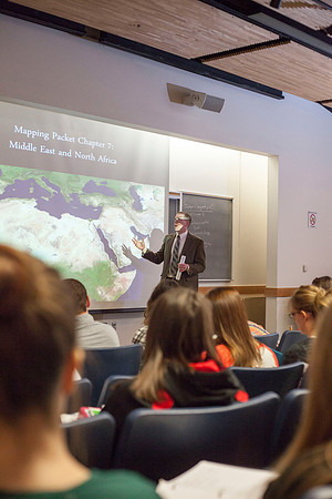 Brother Michael Madsen teaches his early morning Geography For Elementary Teachers class in the Ricks Building.