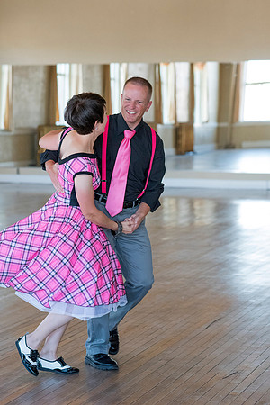 Adam and Jennifer Anderson dancing at the Woodman Ballroom for Online Recruiting marketing material.