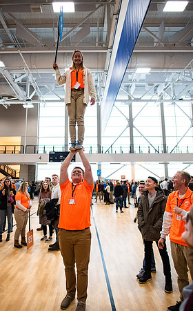 Freshmen students meet their new I-Team groups in the BYU-Idaho Center courts.